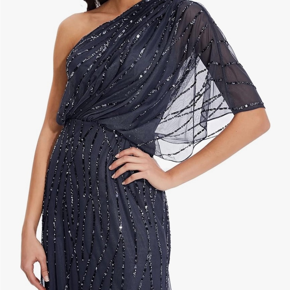 Adrianna Papell Sequin One Shoulder Illusion Sleeve Blouson Dress